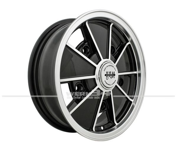 BRM Style Rad, schwarz glänzend mit poliertem Rand und Stegen , 5x15", 5x205, 3 7/16" Back Spacing