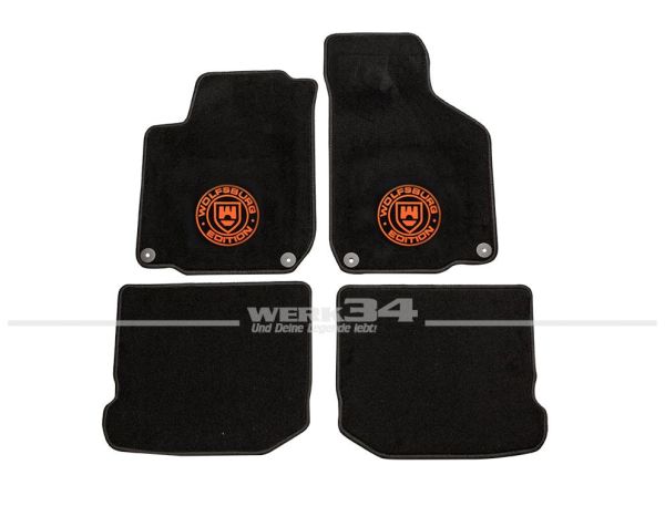 Satz Fußmatten, schwarz-schwarz, passend für Golf IV ab 2004, Logo "WOB" in orange